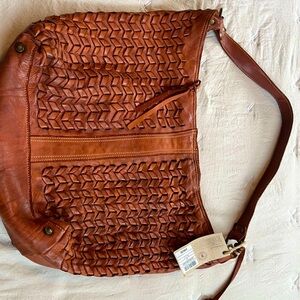 Brown Leather Woven Shoulder Bag